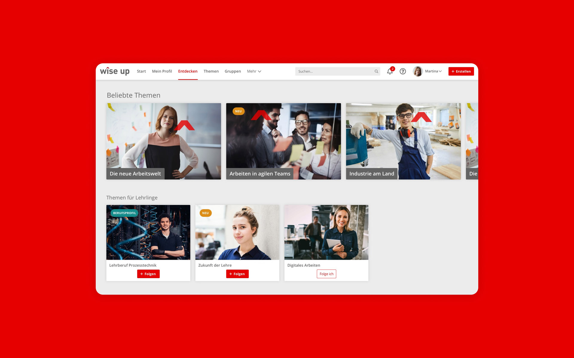 Emanuel-Jochum-Case-Study-wise-up-Hero-Full-Colour-BG Case study hero image for wîse up showing a mockup with a screenshot of the “Discover” page of the platform on a red background