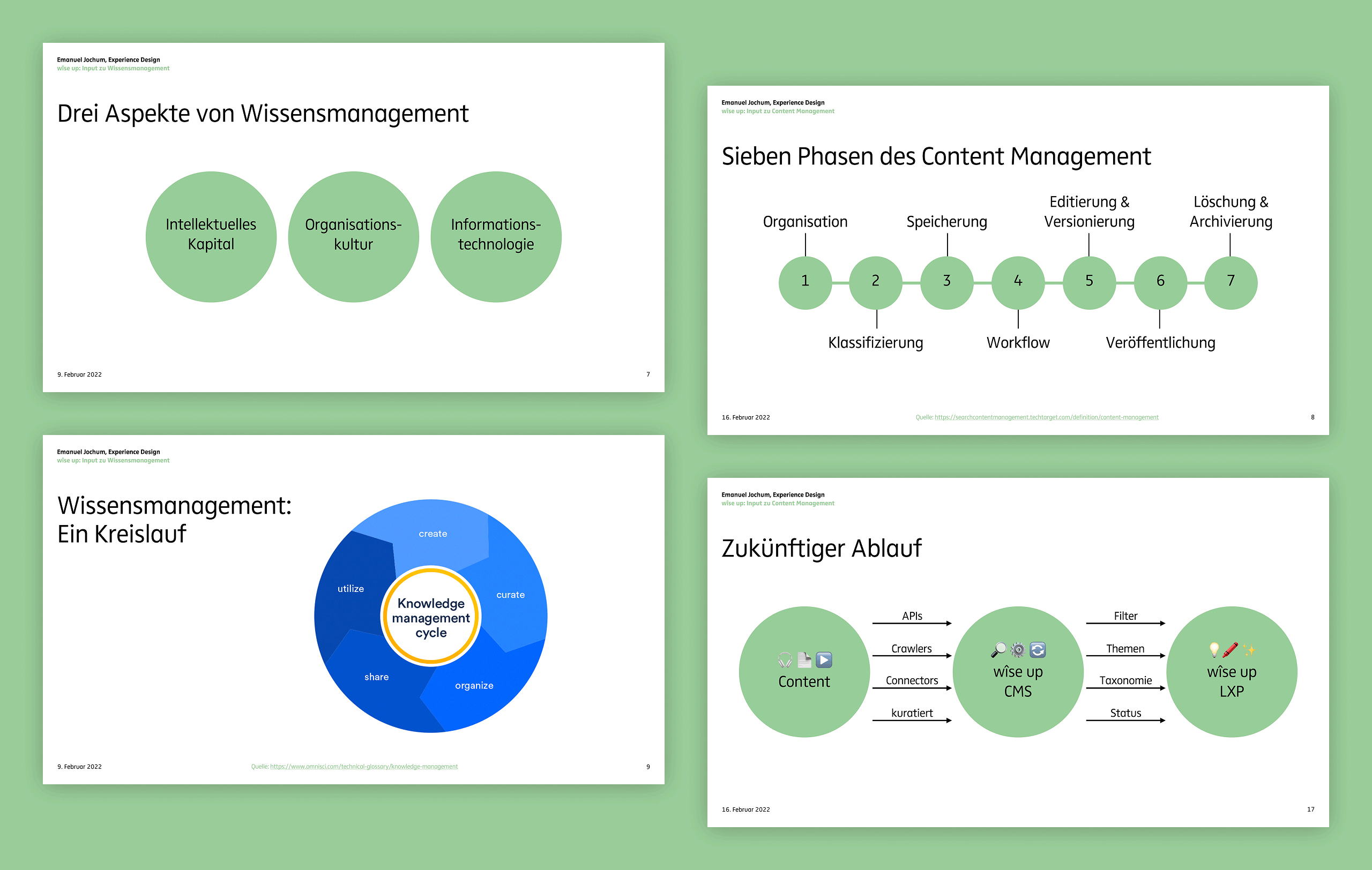 Emanuel-Jochum-Case-Study-wise-up-Recommendations-Combination Mockup with four exemplary slides about knowledge management and content management recommendations